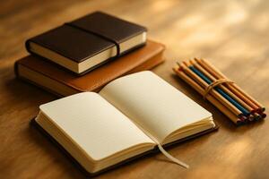 Notebooks and Colored Pencils on a Wooden Desk in Natural Light During Morning Hours photo