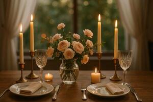 Elegant Dinner Setting With Candles and Flowers in Cozy Interior Space During Evening Hours photo
