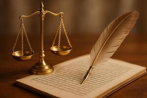 Balance of Justice and Tradition With Scales and Quill on Handwritten Parchment photo