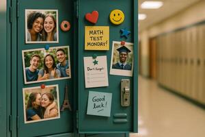 Students Prepare and Celebrate Friendship Ahead of Math Test in School Hallway photo