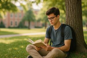 Young Man Reading a Book Under a Tree on a University Campus During a Sunny Day photo