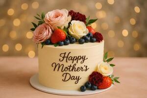 Delicious Cake Decorated With Flowers for Mothers Day Celebration in a Cozy Setting photo