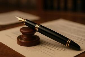Elegant Fountain Pen and Wooden Seal on Official Document in an Office Setting photo