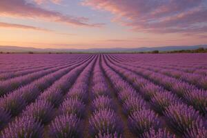 Lavender Field at Sunset With Vibrant Rows and Colorful Sky in a Serene Landscape photo