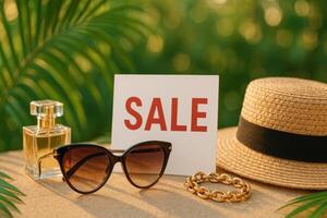 Summer Accessories on Display for a Vibrant Sale in a Sunny Outdoor Setting photo