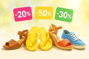 Brightly Colored Footwear is Showcased on a Light Surface, Featuring Sandals, Flip Flops, and Casual Shoes photo