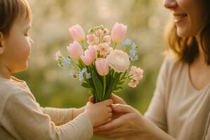 Child Presents Colorful Bouquet of Flowers to Smiling Mother in Lush Garden Setting During Spring Afternoon photo