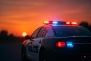 Police Car With Flashing Lights During Sunset on a Quiet Road in the Evening Sky photo