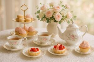 Elegant Afternoon Tea Setup With Desserts and Floral Centerpiece in Bright Setting photo