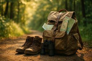 Backpack With Maps and Binoculars by a Forest Trail During Golden Hour photo