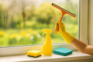 Bright Morning Cleaning With Yellow Gloves and Tools at Home photo