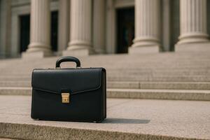 Briefcase Rests on Steps of a Historic Building With Columns During Daylight photo