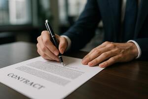 Business Professional Signs Important Contract in Modern Office Setting During Daytime photo