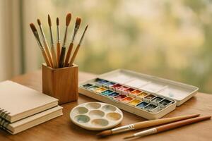 Creative Workspace With Brushes and Watercolors for Artistic Expression and Leisure photo