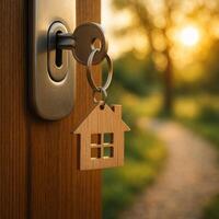 Key in the Door With House Keychain at Sunset Near a Garden Path photo
