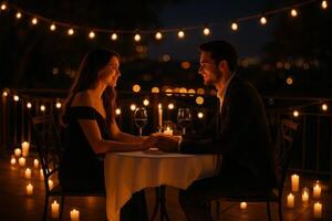 Romantic Dinner Under String Lights at a Cozy Outdoor Venue During the Evening photo