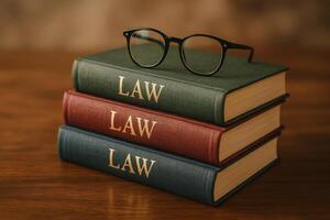 Books on Law Stacked With Glasses Resting on Top Against a Wooden Background photo