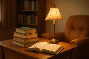 Cozy Reading Corner With Books and Warm Lamp in Tranquil Indoor Setting photo