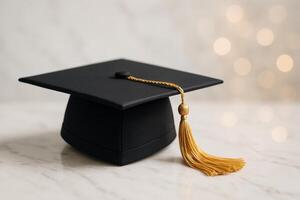 Graduation Cap Rests on a Marble Surface With a Soft Bokeh Background in the Evening Light photo