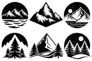 Set of black and white mountain and nature illustrations vector