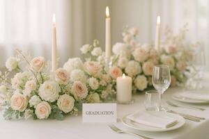 Elegant Floral Arrangement for a Graduation Celebration With Candles and Soft Lighting photo