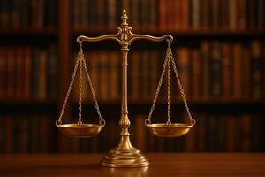 Golden Scales of Justice on Wooden Table With Books in the Background at a Law Office photo