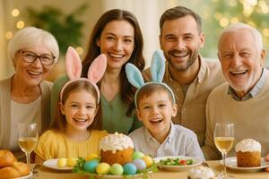 Family Gathering With Festive Decorations and Cheerful Expressions During Easter Celebration photo