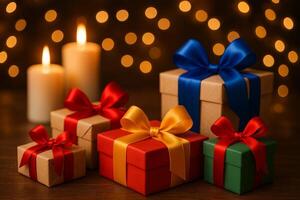 Holiday Presents With Colorful Bows and Soft Candlelight Create a Warm Festive Atmosphere photo