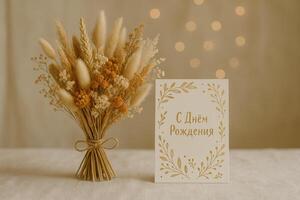 Elegant Birthday Card Decorated With Dried Flowers on a Soft Background With Warm Lights photo