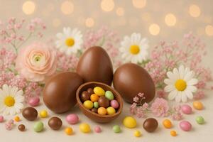 Festive Display of Chocolate Eggs and Colorful Candies Surrounded by Flowers photo