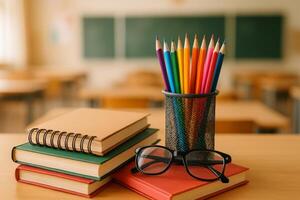 Colorful Pencils and Glasses on a Desk Among School Books in a Classroom Setting photo