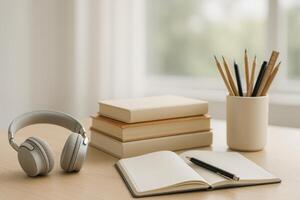 Books, a Notebook, and Headphones Create a Cozy Study Space for Focused Learning and Creativity photo