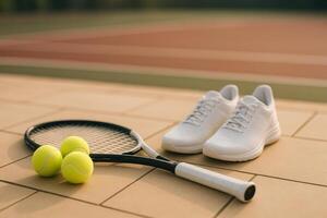White Tennis Shoes and Rackets on a Court With Tennis Balls During Late Afternoon Practice photo