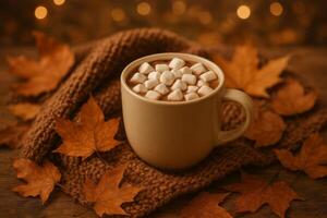 Warm Mug of Hot Chocolate With Marshmallows Surrounded by Autumn Leaves on a Cozy Blanket photo