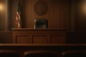 Courtroom Setting With Wooden Judges Bench and American Flag in Background photo