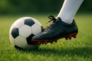 Soccer Player Kicks Black and White Ball on Green Grass Field During Sunny Day photo