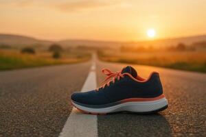 Running Shoe Resting on an Empty Road at Sunset in a Tranquil Outdoor Setting photo