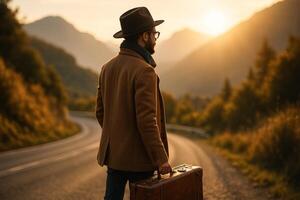 Traveler With Suitcase at Sunset on a Mountain Road Surrounded by Nature photo