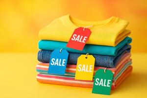 Colorful Clothing Stack With Sale Tags in a Vibrant Setting During Daytime photo