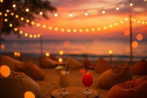 Evening Drinks at a Beachside Lounge With Twinkling Lights and a Sunset Backdrop photo