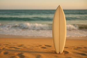 Surfers Board Stands on the Sandy Beach With Waves Crashing in the Background During Sunset photo