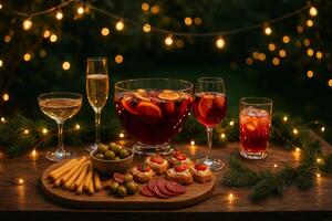 Delightful Evening Gathering Featuring Drinks and Appetizers in a Festive Outdoor Setting photo