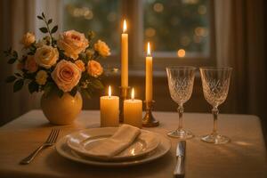 Romantic Dinner Setup With Candles and Flowers in a Cozy Dining Space During Evening Hours photo