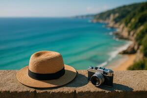 Camera and Straw Hat Resting on a Stone Ledge Overlooking the Ocean During a Sunny Day photo