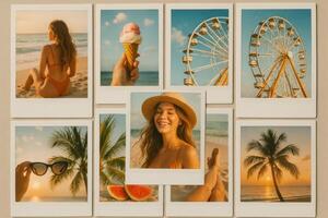 verano recuerdos con playa, hielo crema, y carnaval a puesta de sol foto