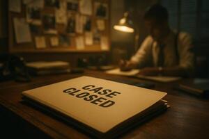 Detective Working Late on Closed Case in Dimly Lit Office With Documents and Bulletin Board photo