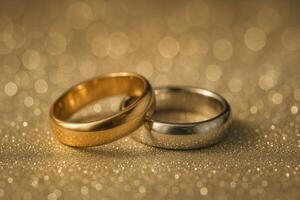 Elegant Gold and Silver Wedding Rings Beautifully Displayed on a Sparkling Background photo