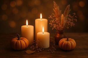 Fall Decorations With Candles and Pumpkins in Warm Lighting for a Cozy Atmosphere photo