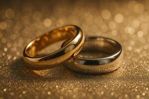 Elegant Golden and Silver Wedding Rings on a Shimmering Background With Soft Focus Light Effects photo