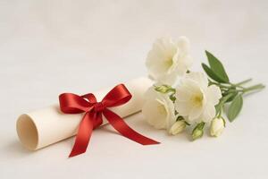 Beautifully Arranged Diploma With a Red Ribbon and Fresh White Flowers on a Soft Background photo